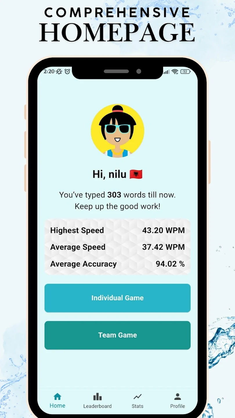 Screenshot of the TypeMobo app homepage showing key features and navigation