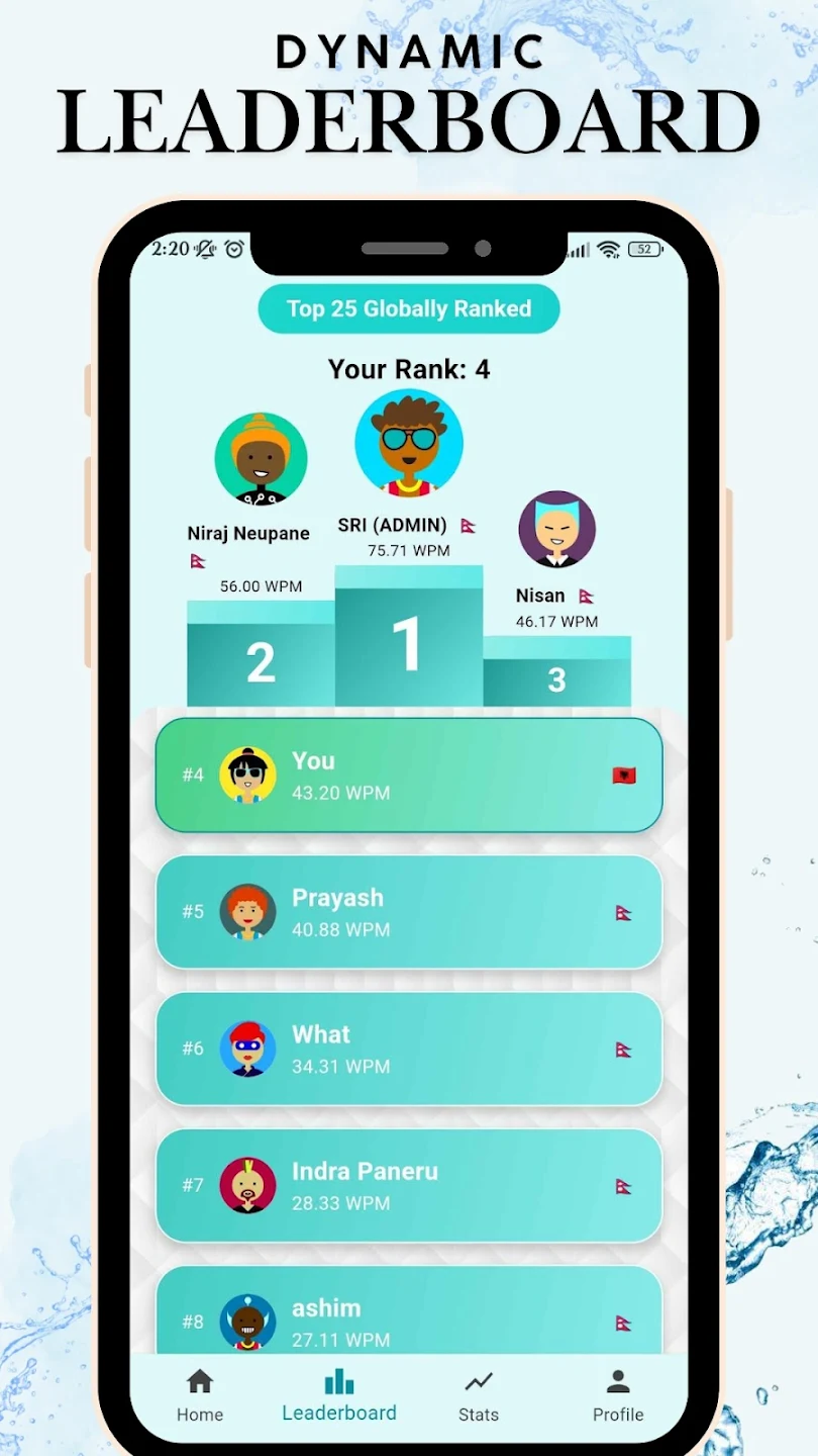 TypeMobo app global leaderboard displaying top players' typing scores